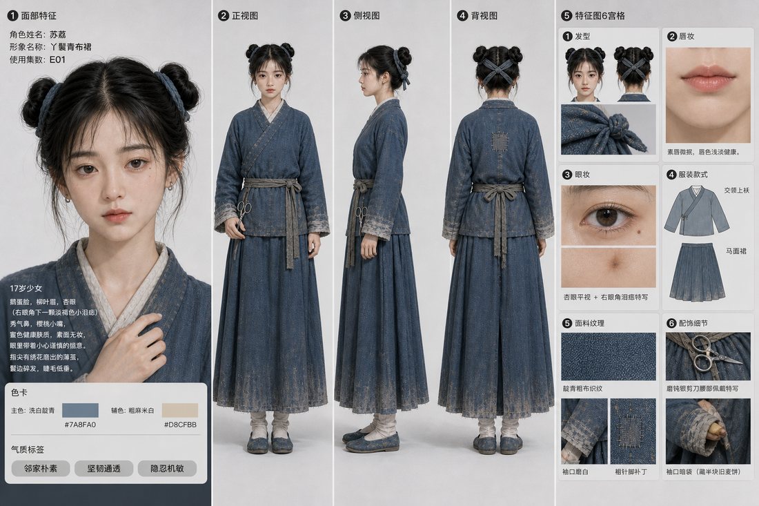 苏荔丫鬟青布裙设定图：三视图与细节特征
